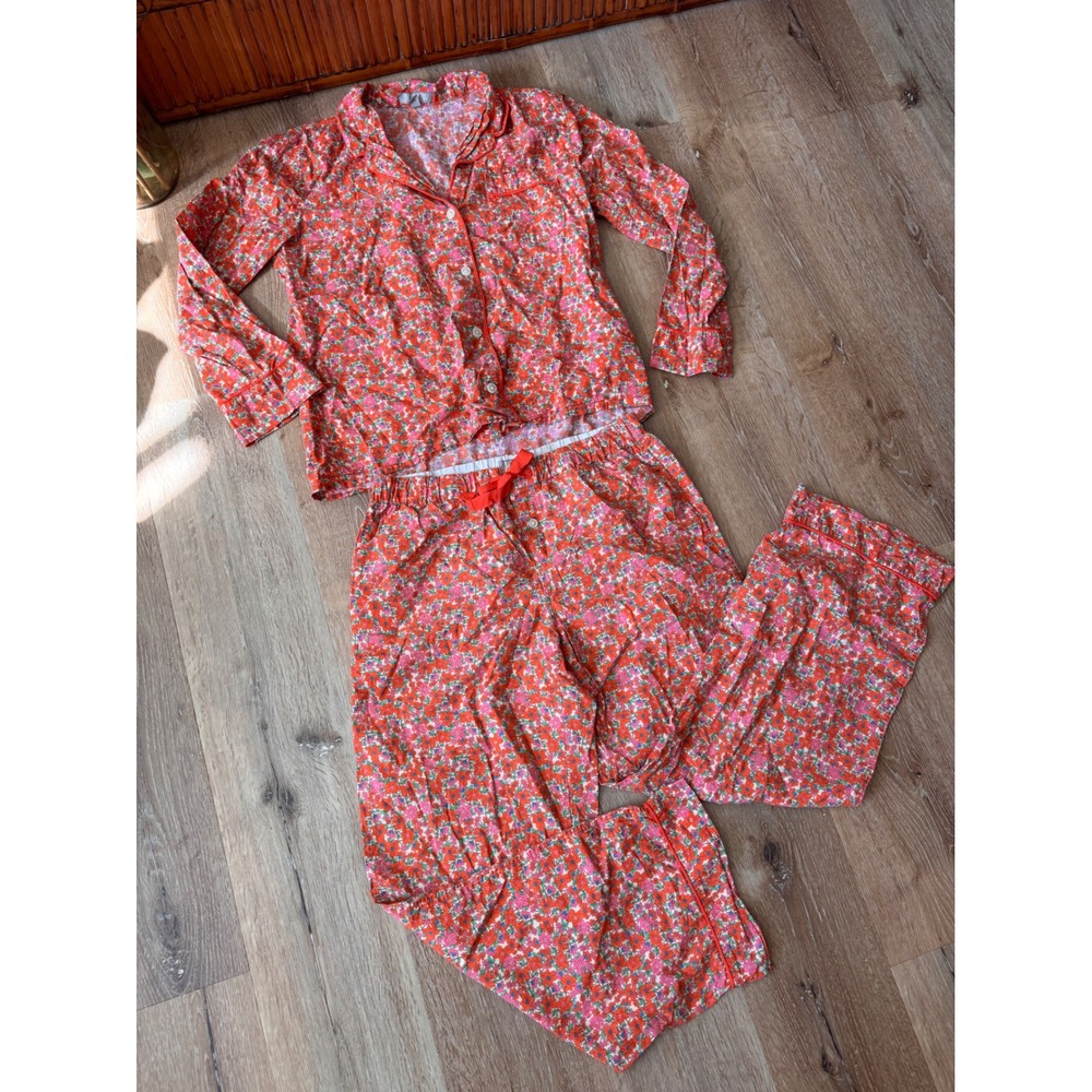 J.Crew‎ Womens 100% Cotton Floral Pajama Set Red Pink Long Sleeve PJ Small
